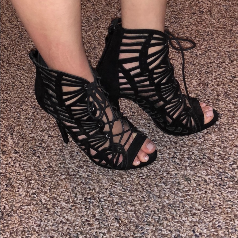 Forever Black Laser Cut Lace Up Heels